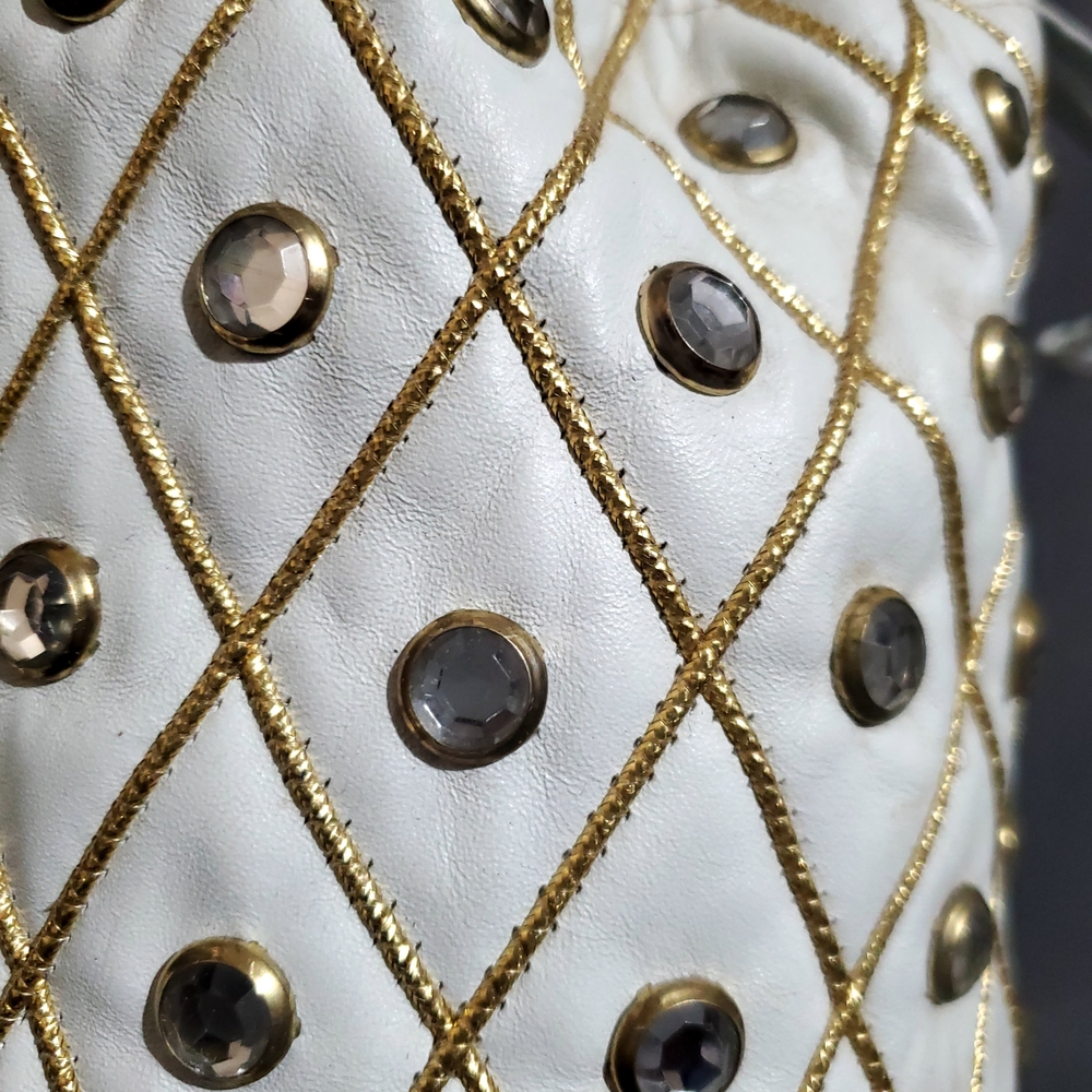 Tiffany Rose Purse Vintage Leather Bucket Bag White Quilted Drawstring Eyelet - Picture 4 of 7